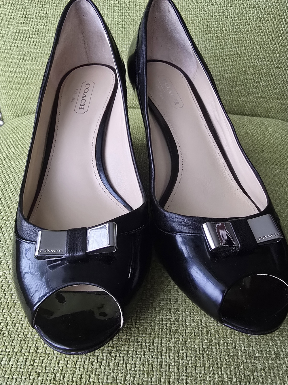Coach Black Patent Leather Peep-Toe Wedge Pumps with Bow Accent - Picture 12 of 13